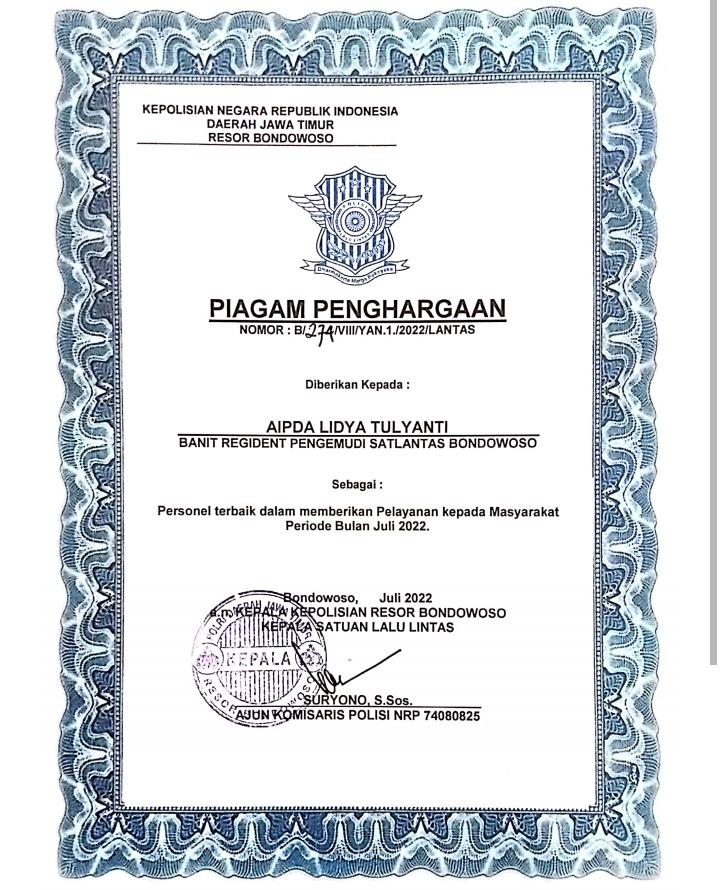 PIAGAM PENGHARGAAN SATLANTAS POLRES BONDOWOSO BULAN JULI 2022