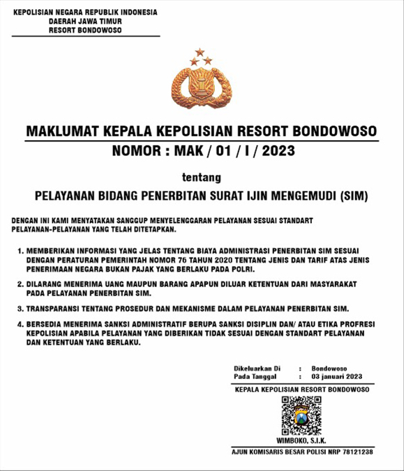 MAKLUMAT KAPOLRES BONDOWOSO  TENTANG PELAYANAN PENERBITAN SIM