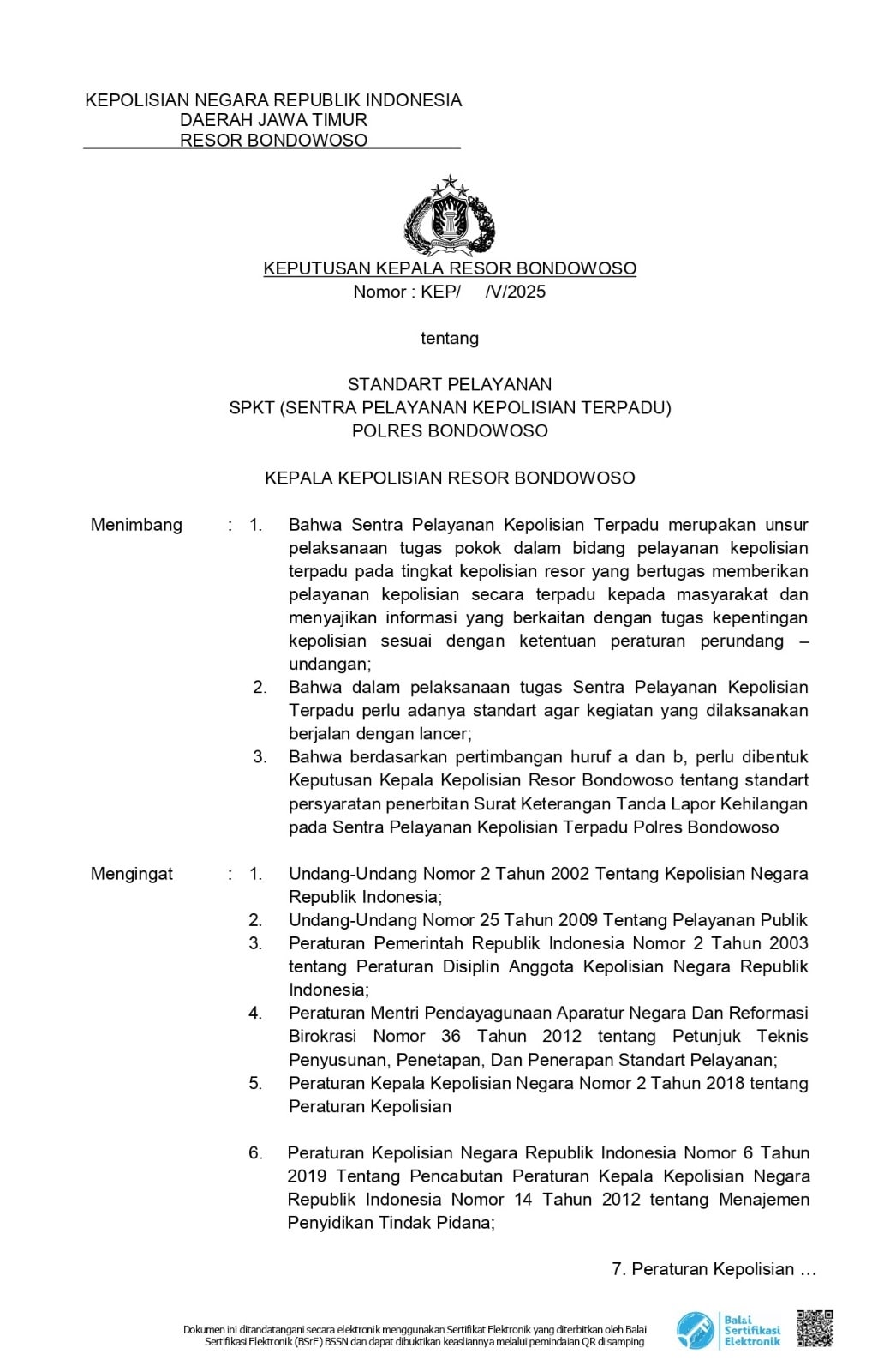 SURAT KEPUTUSAN SOP SPKT POLRES BONDOWOSO